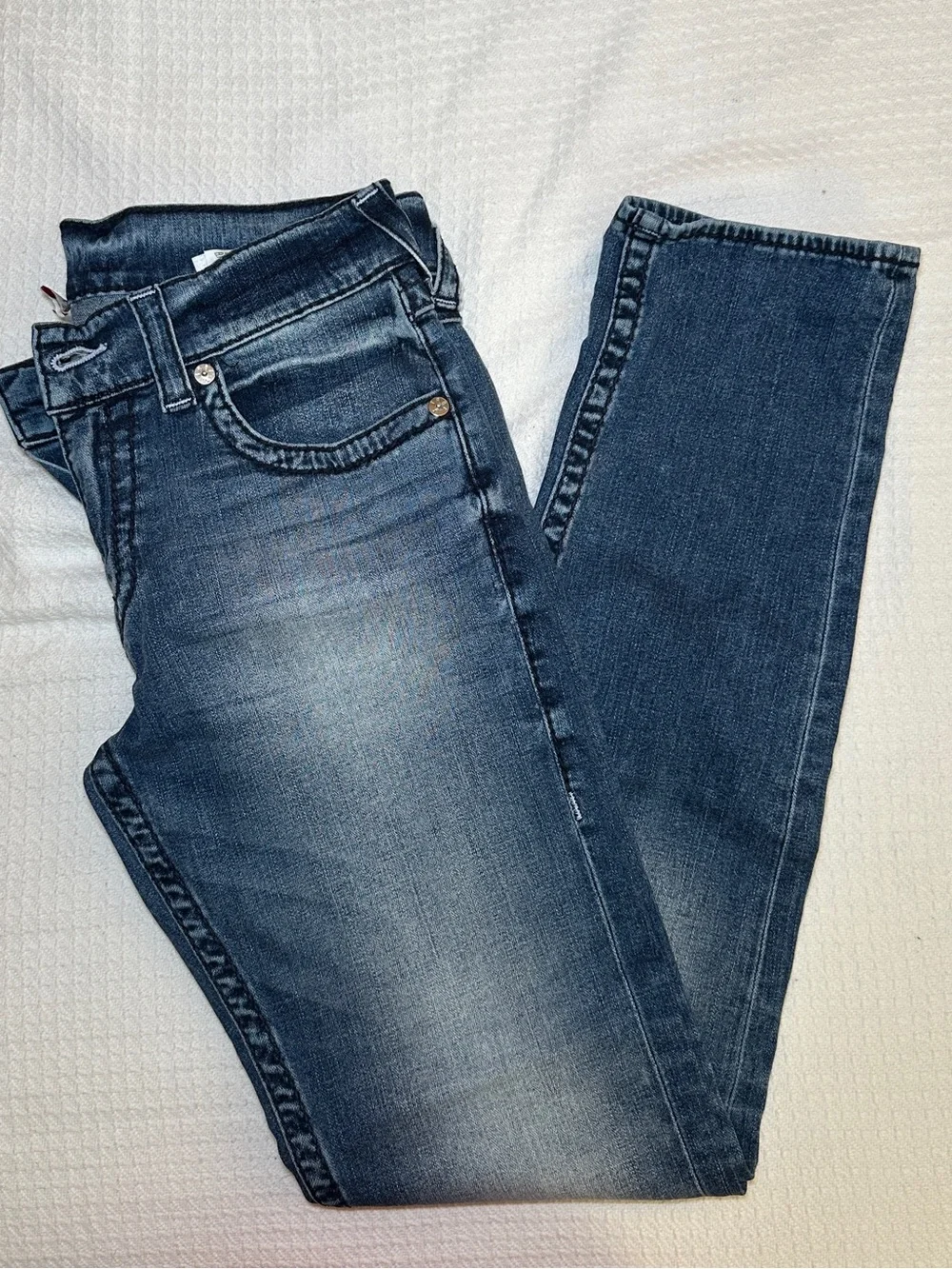 True Religion Men’s Skinny Jeans in Medium Blue Wash with Brown Leather Patch